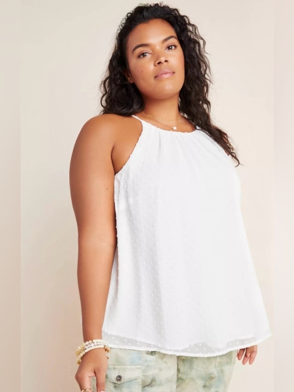 Sunday In Brooklyn White Textured Swiss Dot Summer Vacation Boho Tank Top